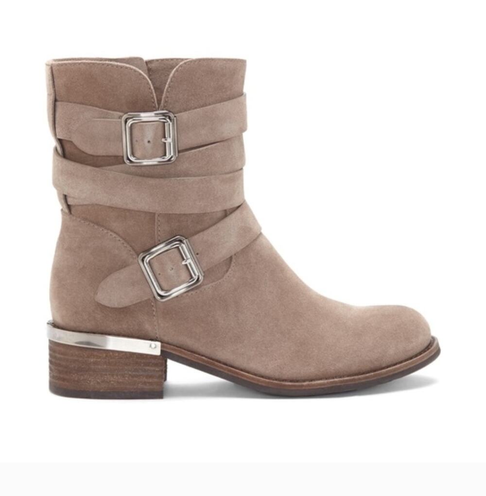 Vince Camuto Webey Moto Boots 8.5 Tan Suede Mid Calf Ankle Booties Buckle